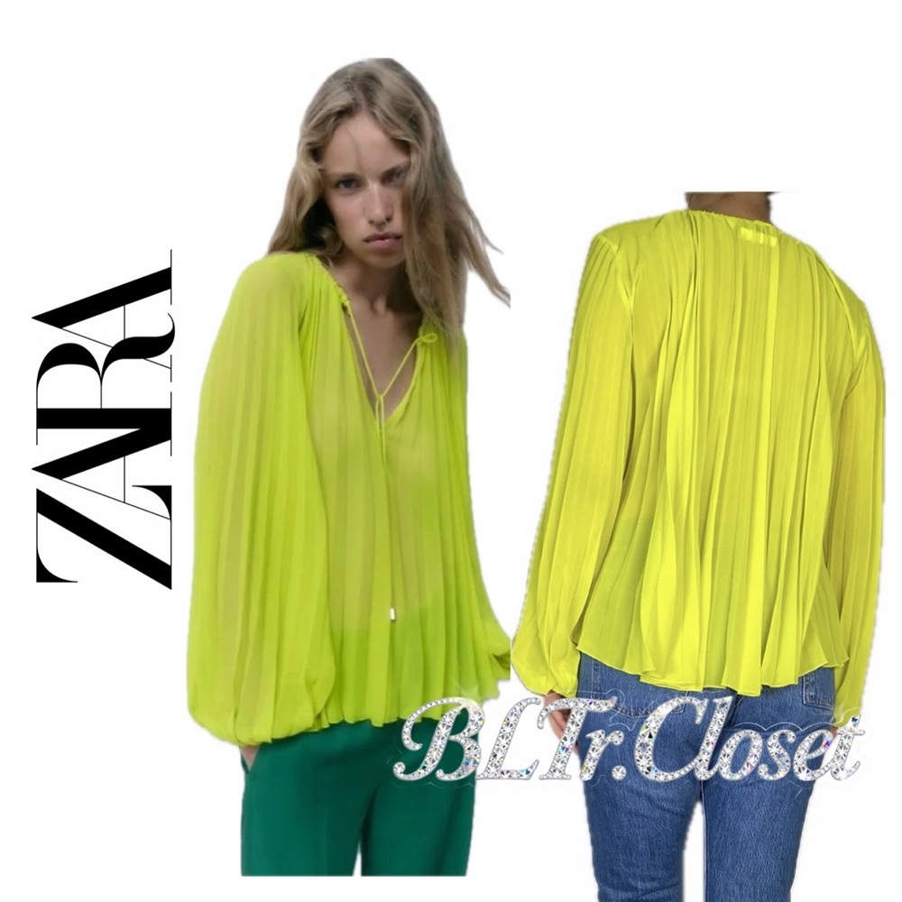 ZARA Neon Yellow Pleated Tie-Front Blouse‎ Oversized Sz S Retro Baggy Minimalist